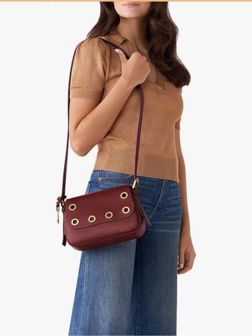 Women's fossil Burgundy Leather Crossbody Bag with Eyelet Detail